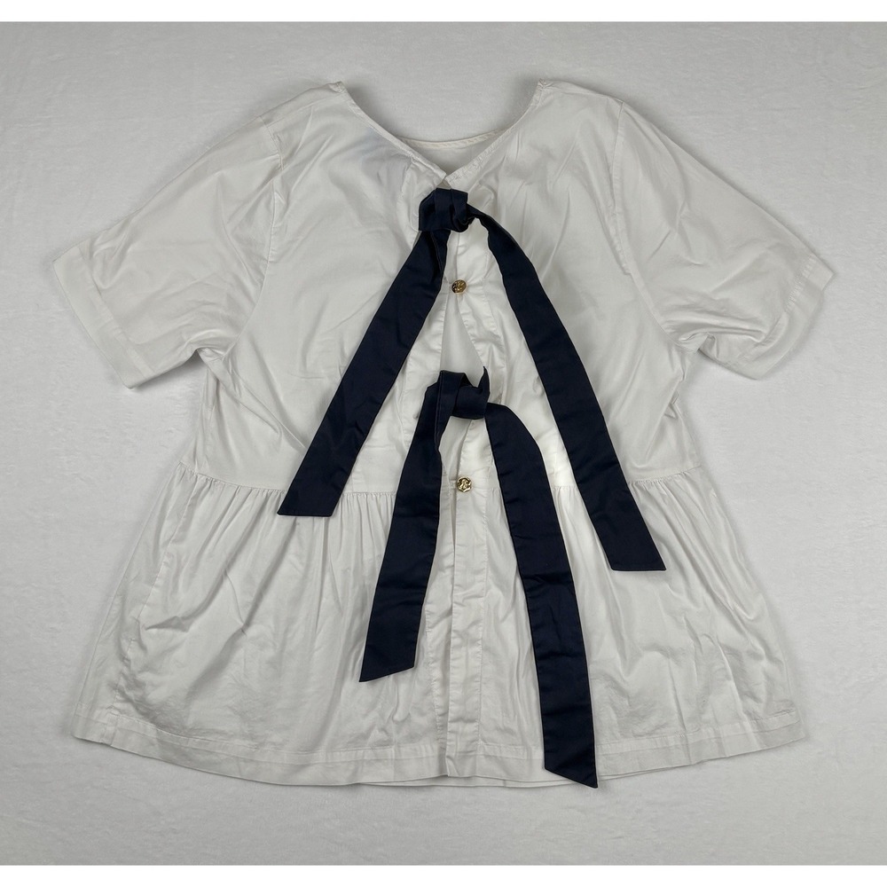 Draper James x Eloquii Womens Bow Back Peplum Top White Navy Size 14